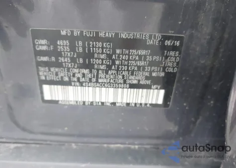 2016 Subaru Outback 2.5I Premium z USA, uszkodzony, nr VIN 4S4BSACC6G3359808